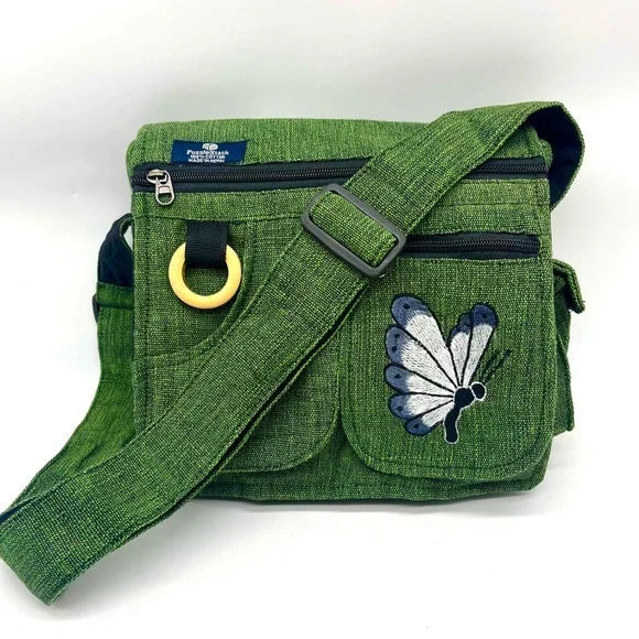 Elegant Green Crossbody Bag with Butterfly Embroidery, Handmade Ethical Bag - Picture 7 of 15